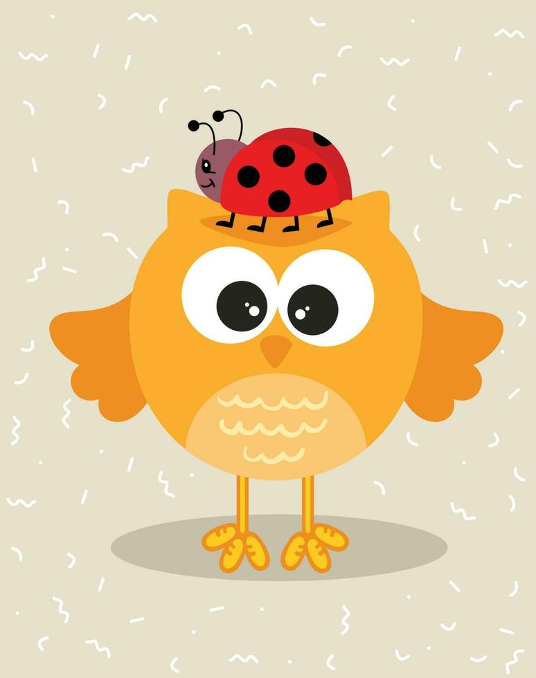Cute illustration of adorable owl with ladybug on head vector