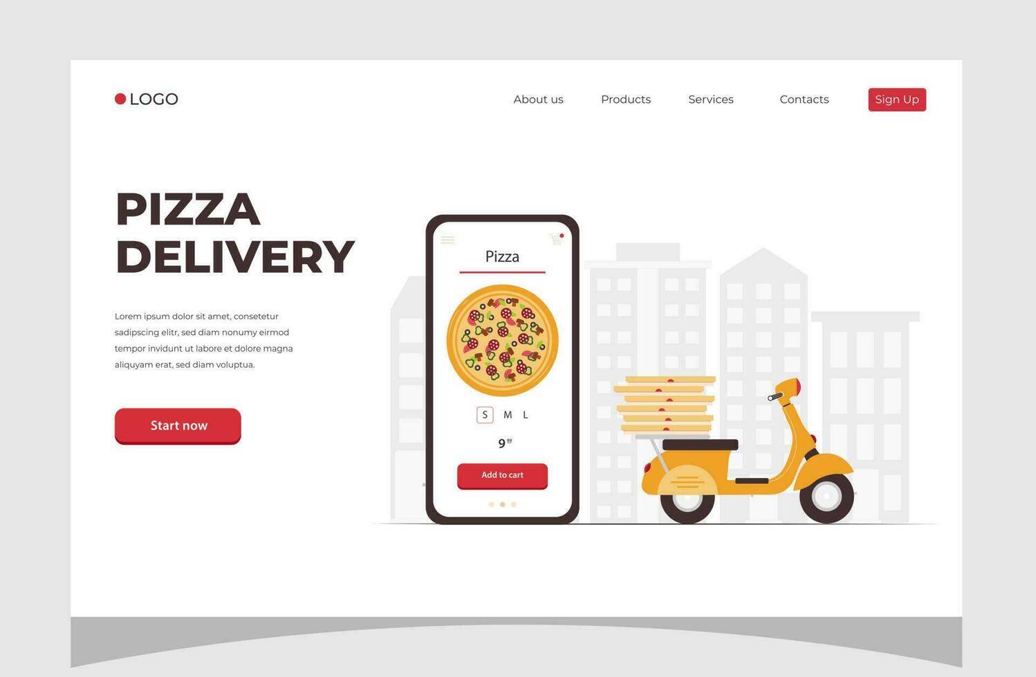 Food online order smartphone. Pizza delivery. Food delivery concept for banner, website design or landing web page. vector