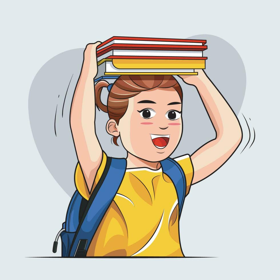 espalda a escuela. linda niña sostener libros en su cabeza vector ilustración Pro descargar