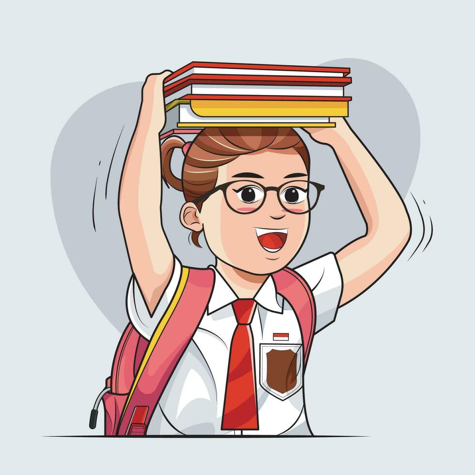 espalda a escuela. linda niña en colegio uniforme sostener libros en su cabeza vector ilustración gratis descargar