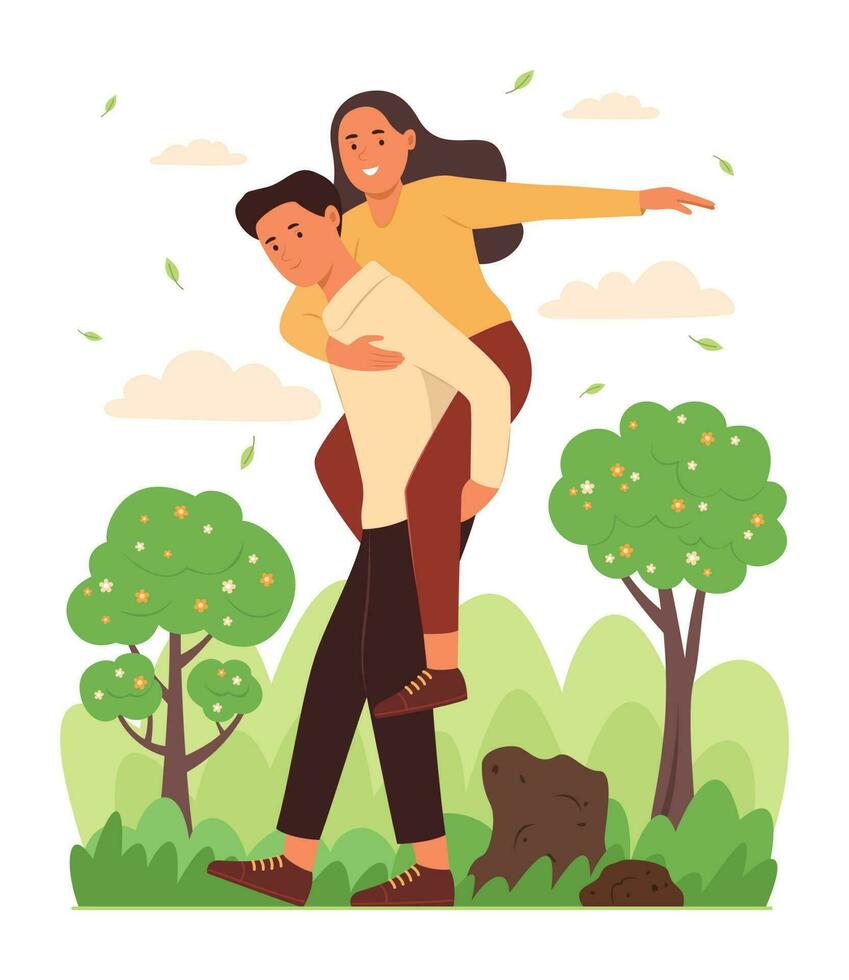 hombre dando mujer a cuestas paseo y caminando en parque concepto ilustración vector