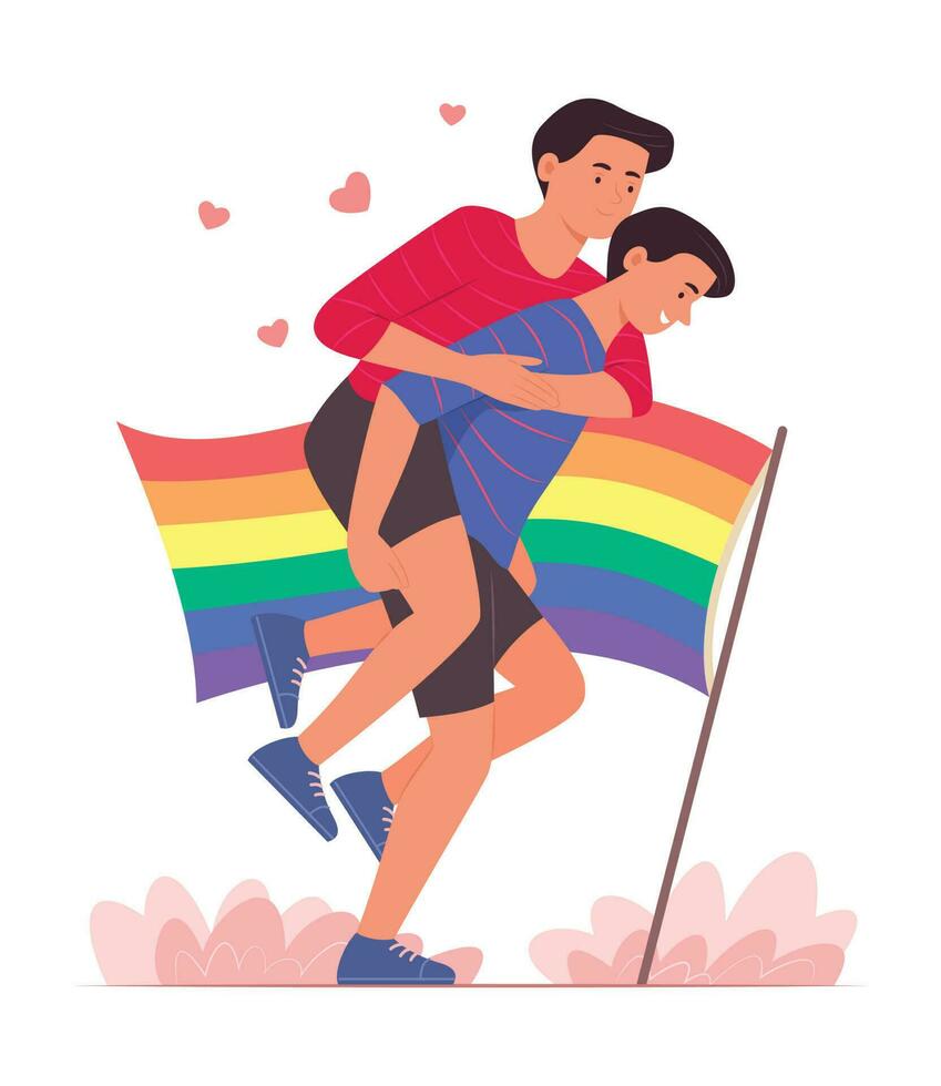 gay hombres Pareja disfrutando con a cuestas paseo para orgullo concepto ilustración vector