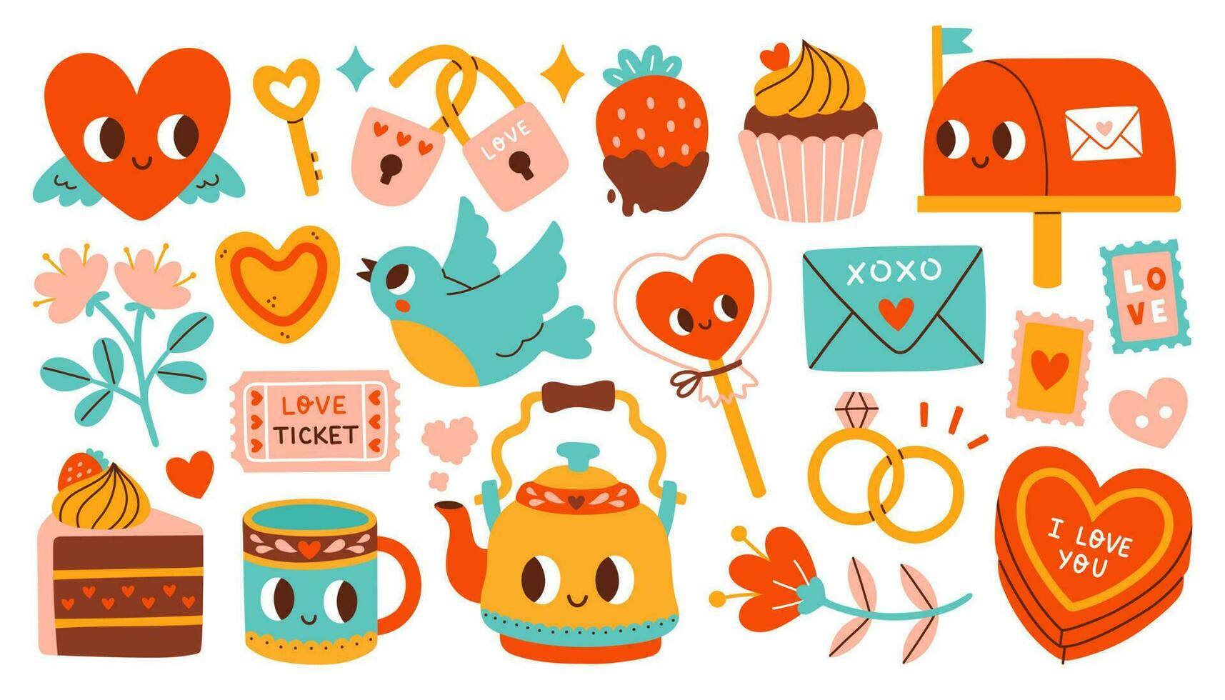 Cute set of romantic elements for Valentines day. Hearts, sweets, flowers, cupcakes, gifts and other cute items. Vector illustrations for valentines day, stickers, greeting cards, etc.