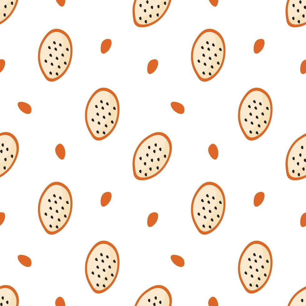 Colorful dragon fruit seamless pattern with seeds. Cartoon style tropical fruit illustration. vector