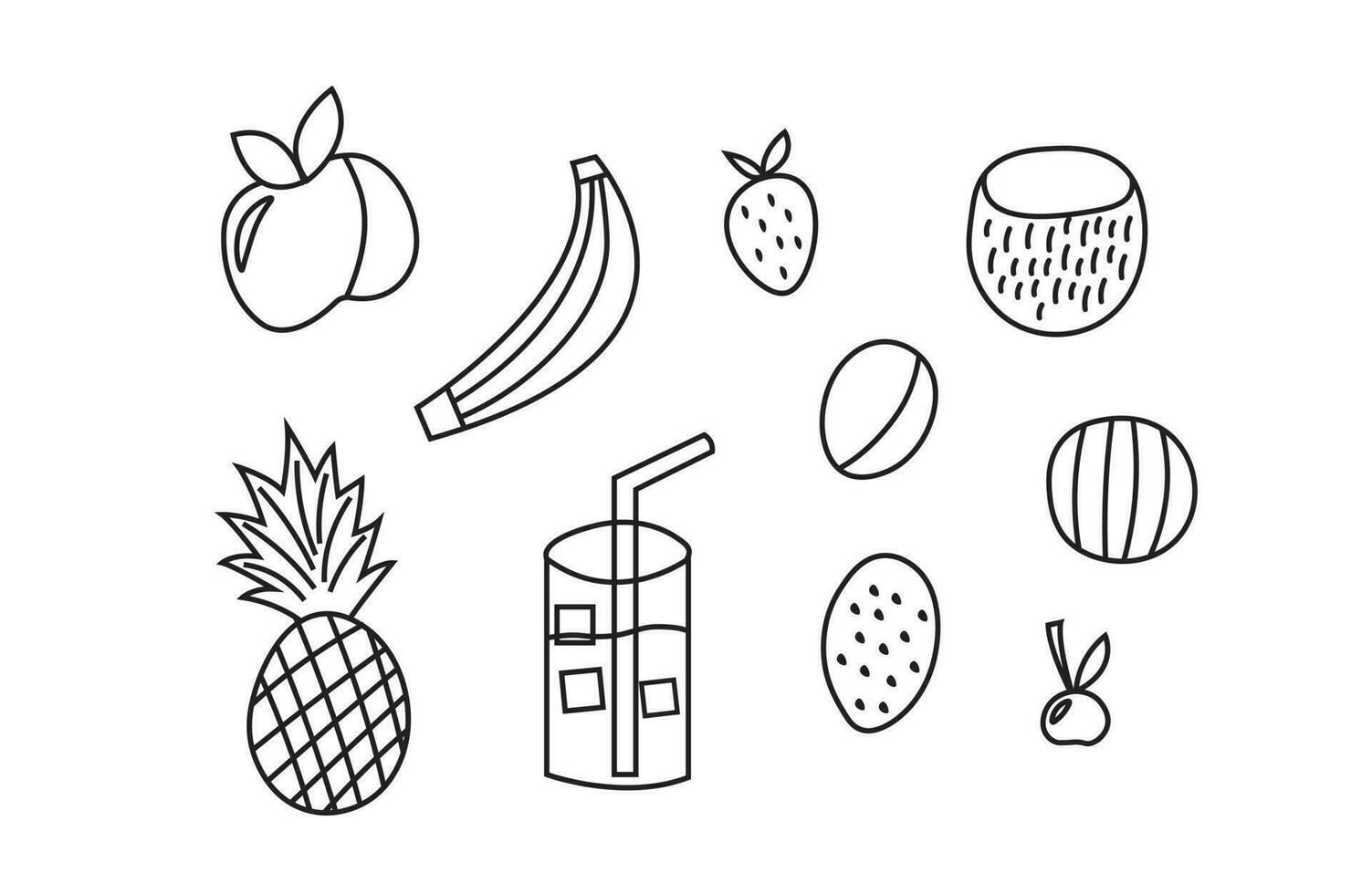 Set of doodle vegan fruit in cartoon style. Linear line art hand drawn fruits. vector
