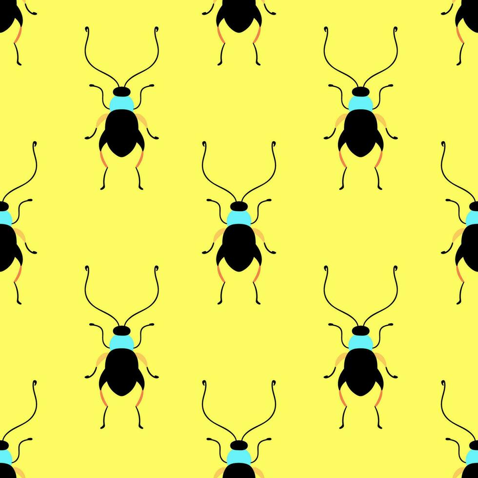 Little beetles on the bright yellow background. Seamless pattern with cartoon elements. vector