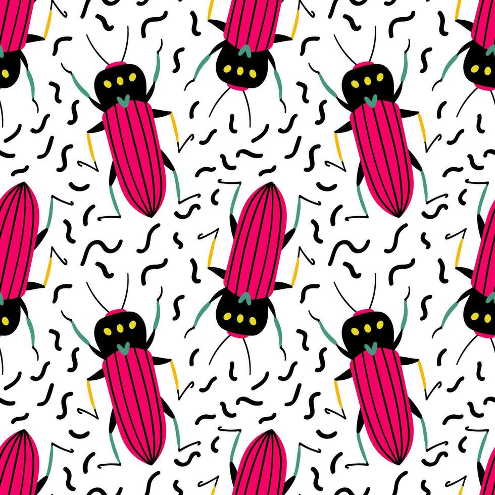 Funny pink bugs. Seamless pattern with cartoon elements. vector