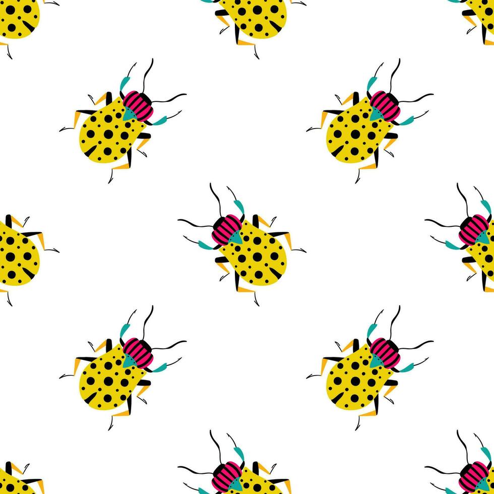 Cute yellow beetles. Seamless pattern with cartoon bugs. vector