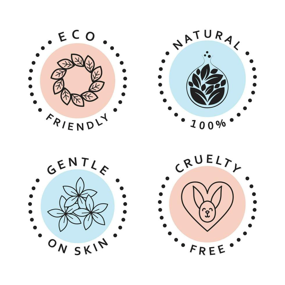 Set of simple icons. Eco friendly, natural, cruelty free and gentle on skin icons. Natural organic stickers set. vector