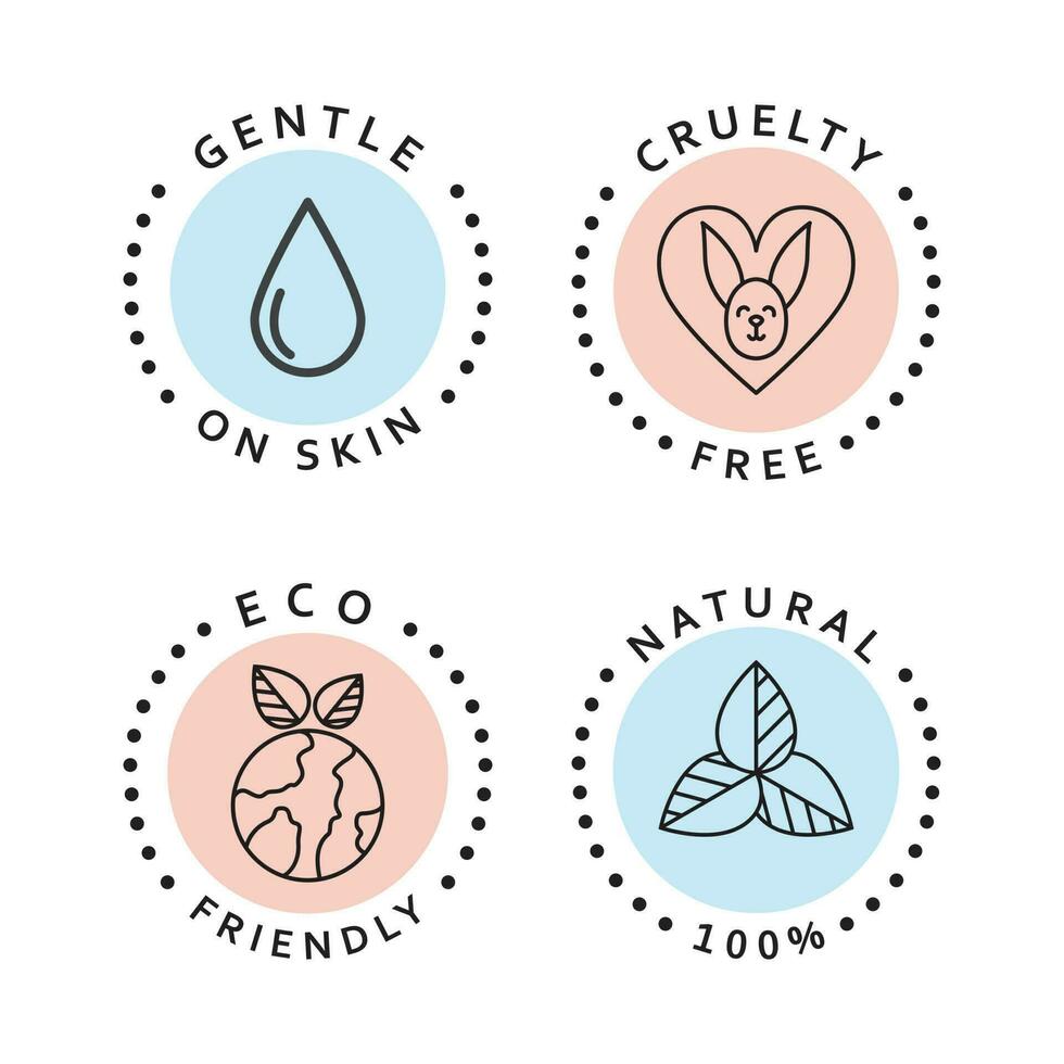 Set of simple icons. Eco friendly, natural, cruelty free and gentle on skin icons. Natural organic stickers set. vector