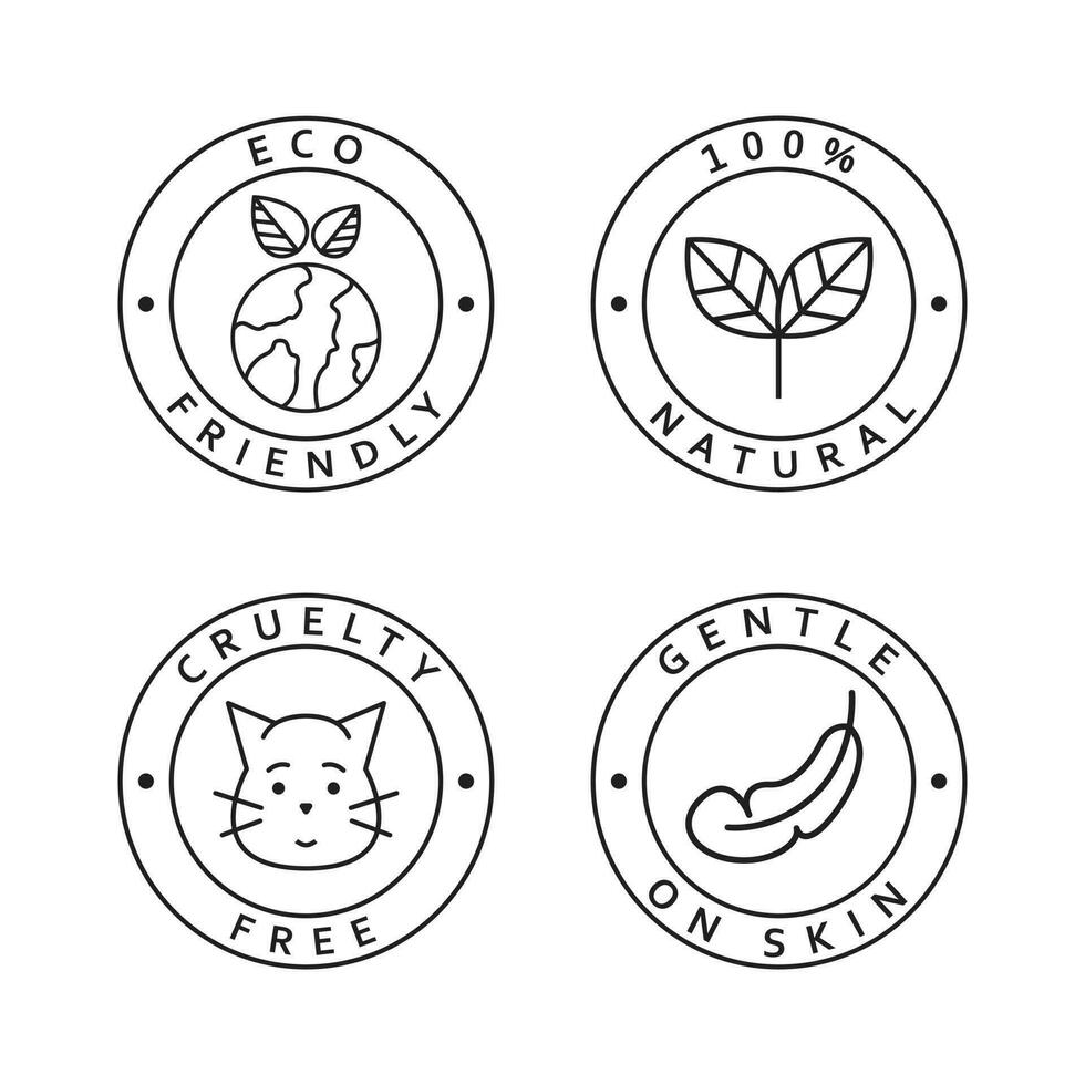 Set of simple icons. Eco friendly, natural, cruelty free and gentle on skin icons. Natural organic stickers set. vector