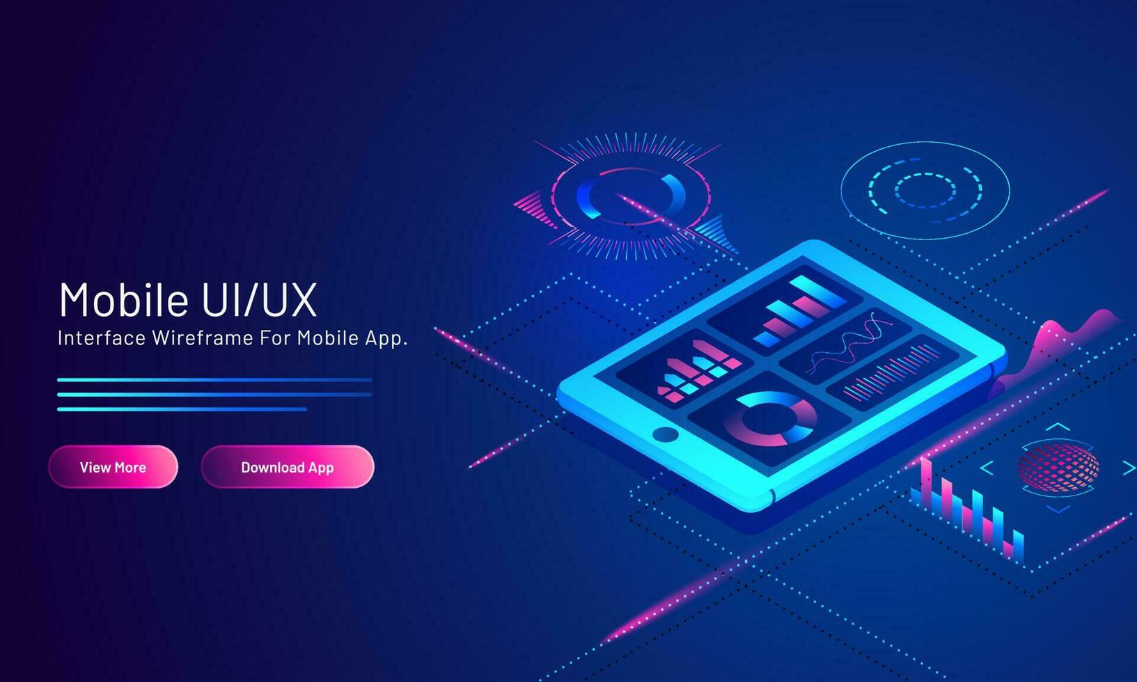 Mobile UI UX concept based responsive web banner design with analysis mobile app screen on blue digital background. vector