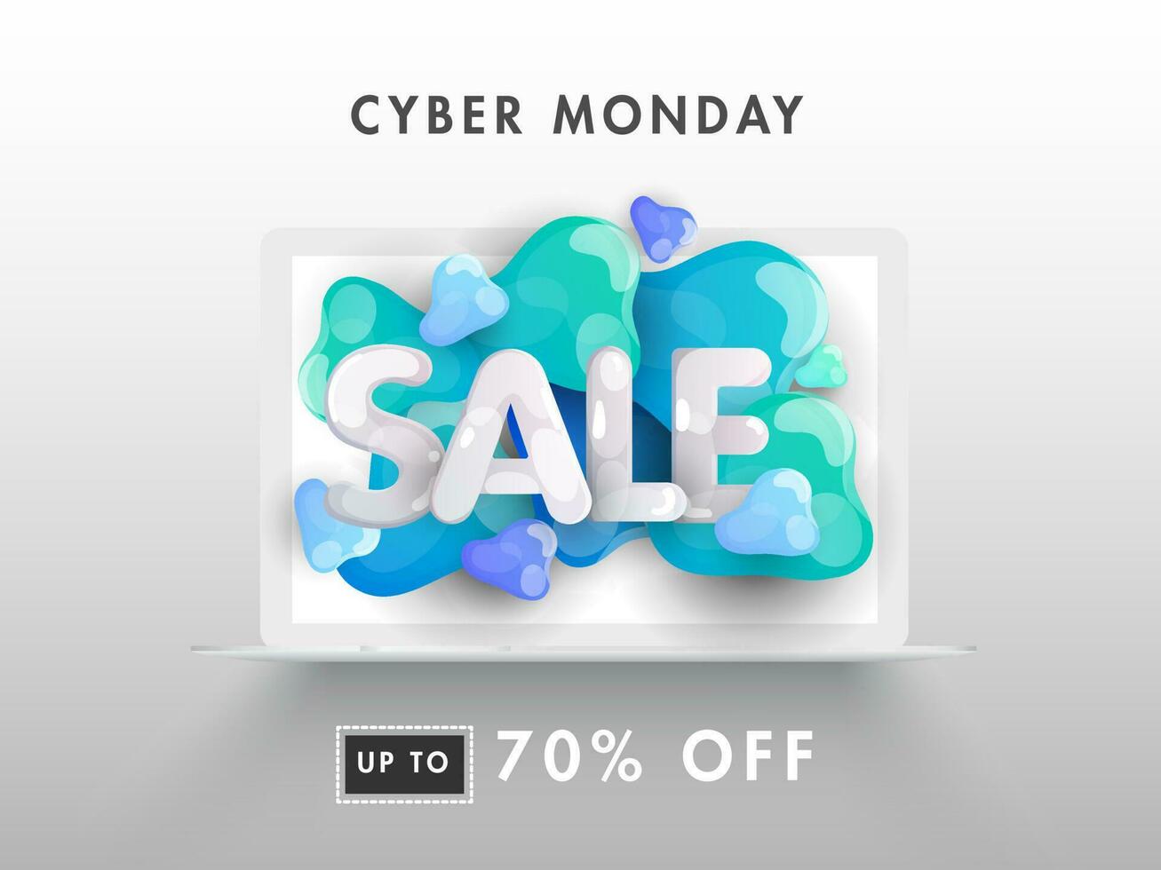 Online Cyber Monday Sale from laptop with 70 discount offer and liquid fluid art on white background. vector