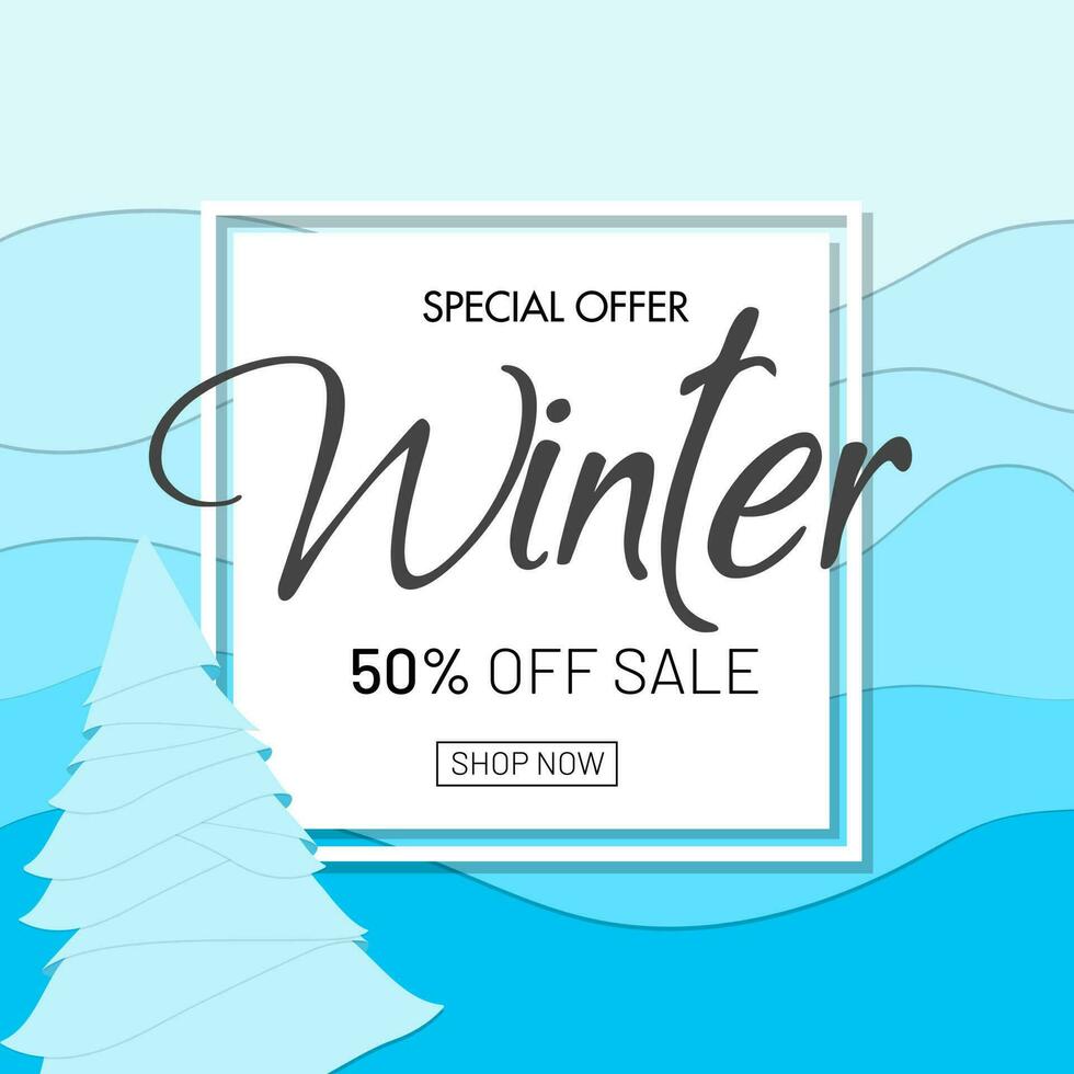 Winter Sale poster or template design with 50 discount offer and xmas tree on blue wavy background. vector