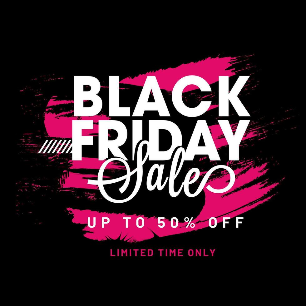 Black Friday Sale poster or template design with 50 discount offer on pink brush stroke effect background. vector