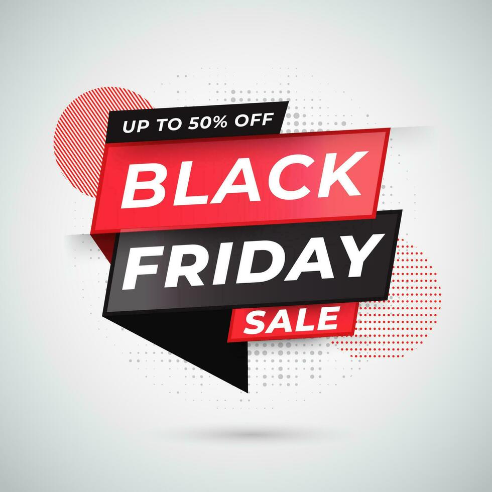 Upto 50 offer for Black Friday Sale tag or ribbon on white dotted effect background. vector