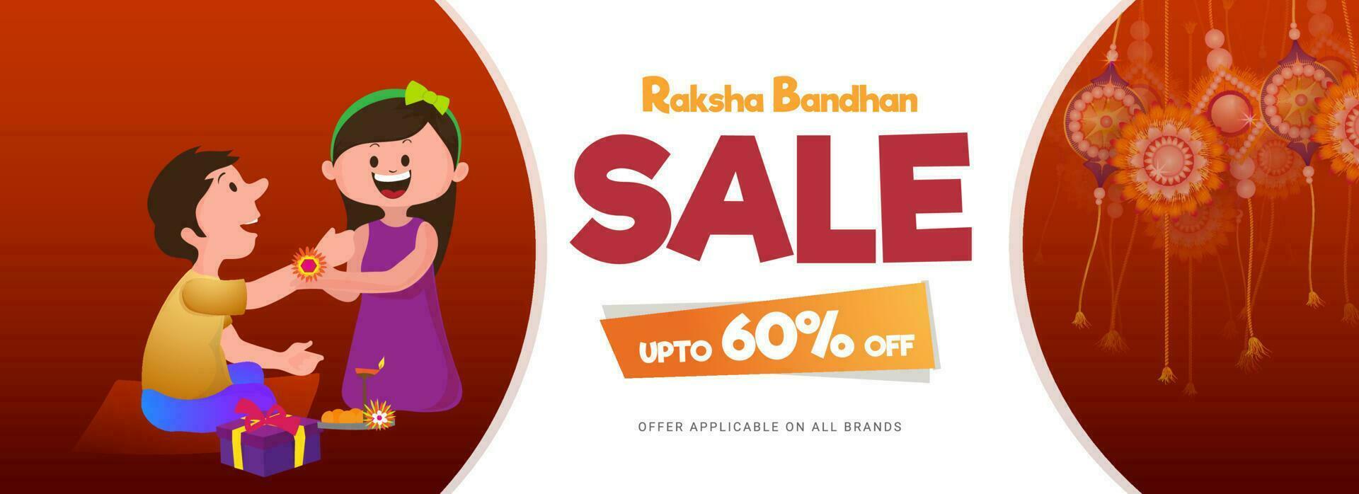 Sale header or banner design, Upto 60 discount offer with illustration of brother and sister celebrating Raksha Bandhan Festival. vector