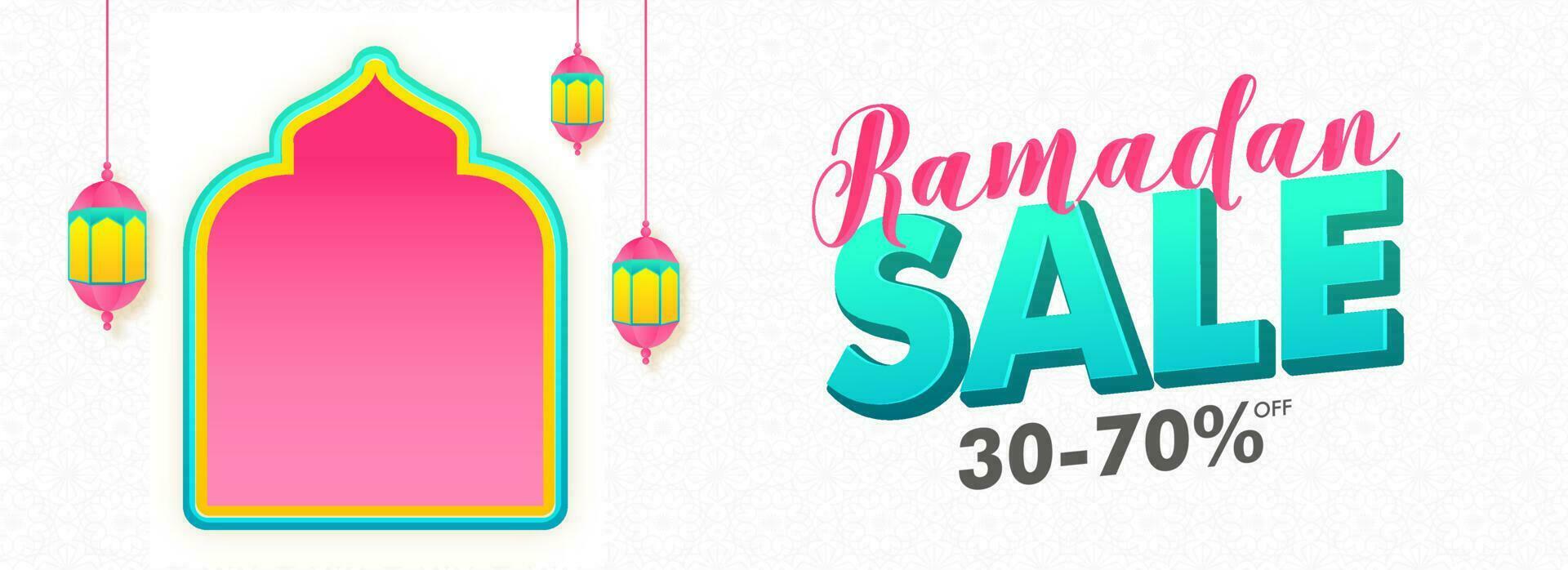 Advertising header or banner design with 30-70 discount offer for Ramadan Sale. vector