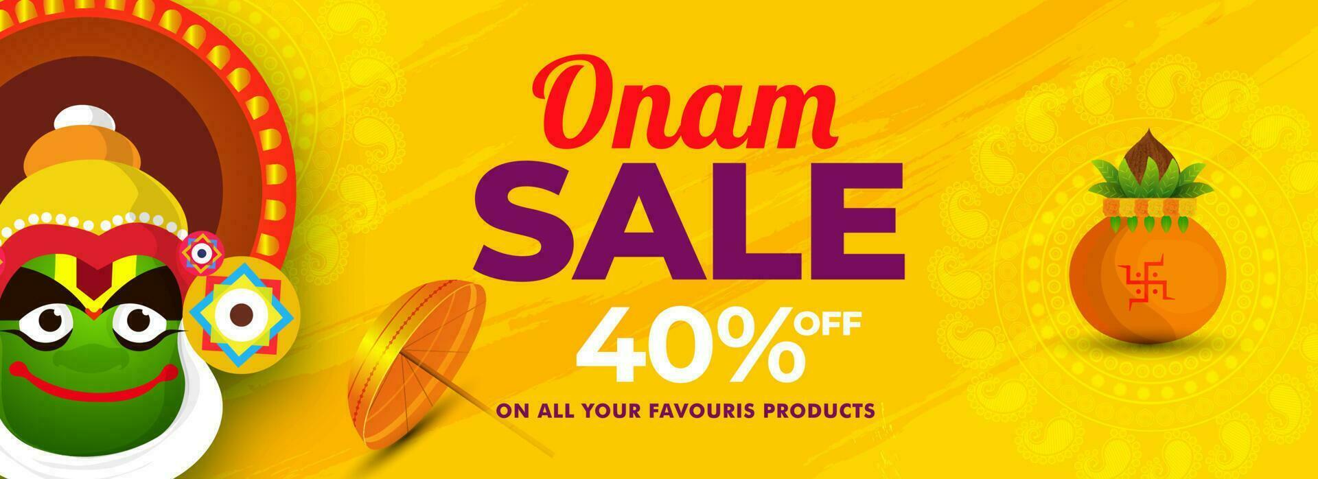 Onam Sale header or banner design with 40 discount offer, Kathakali Dancer face, Worship Pot and golden umbrella on yellow abstract background. vector