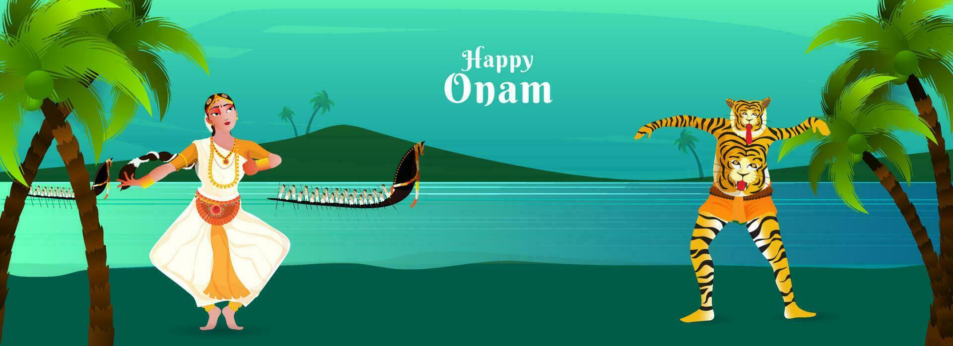 encabezamiento o bandera diseño para onam festival, bailarines ejecutando tradicional danza de kerala y serpiente barco carreras ilustración en tropical mar paisaje antecedentes. vector