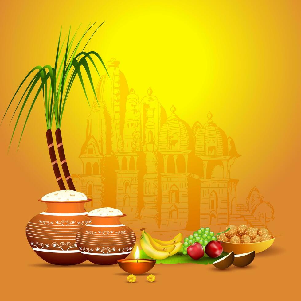 Illustration of rice mud pot with sugarcane, fruit, illuminated oil lamp and Indian sweet on yellow temple background for Happy Pongal celebration. vector