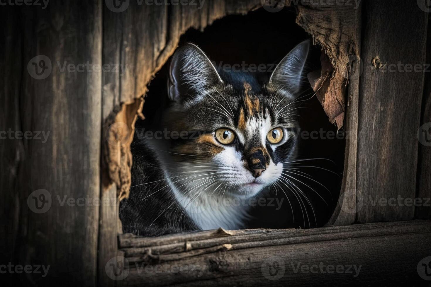 cat hiding in a wooden hut illustration photo