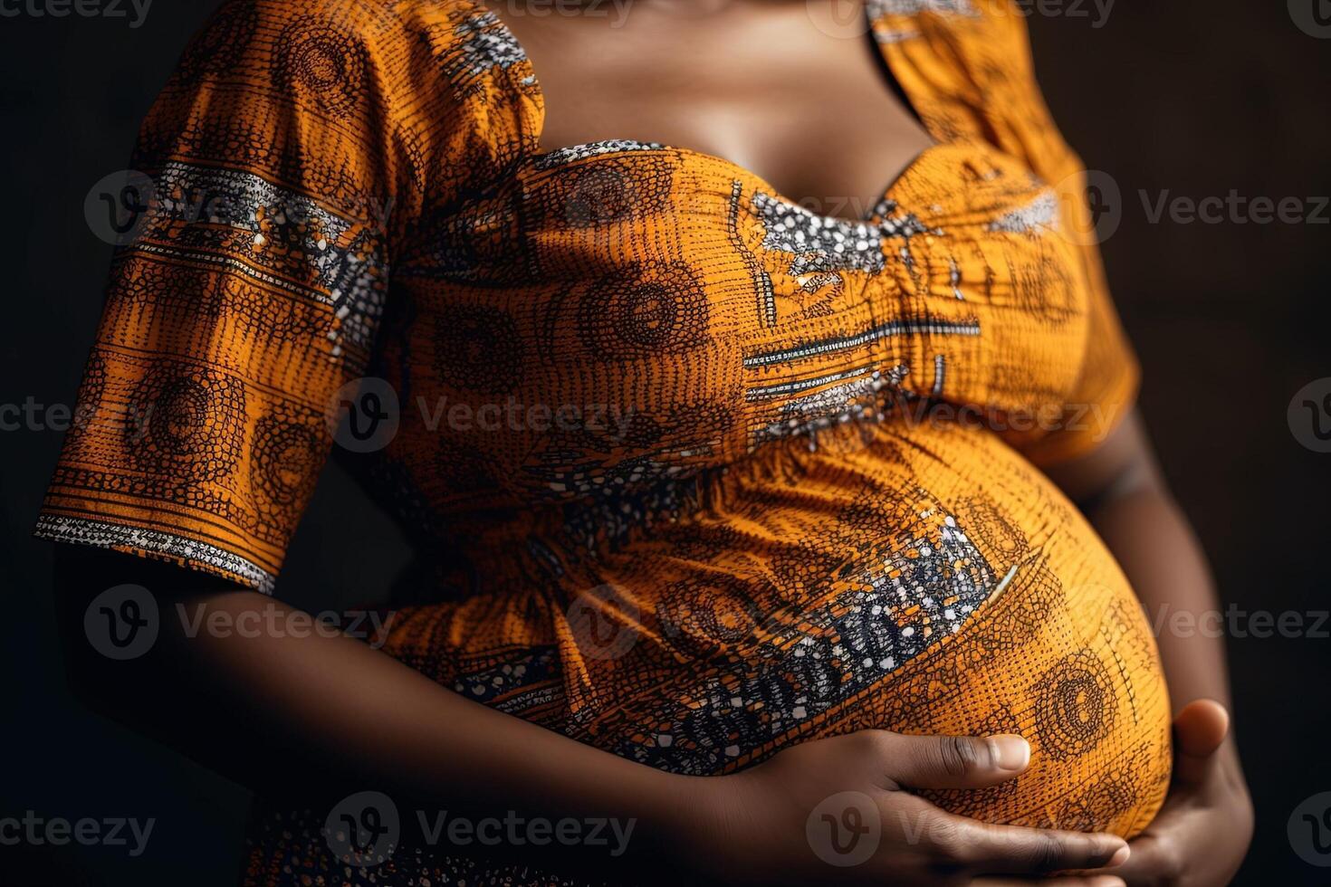 Afro American close up of pregnant woman holding belly with hands Pregnancy, maternity, preparation and expectation concept. illustration photo
