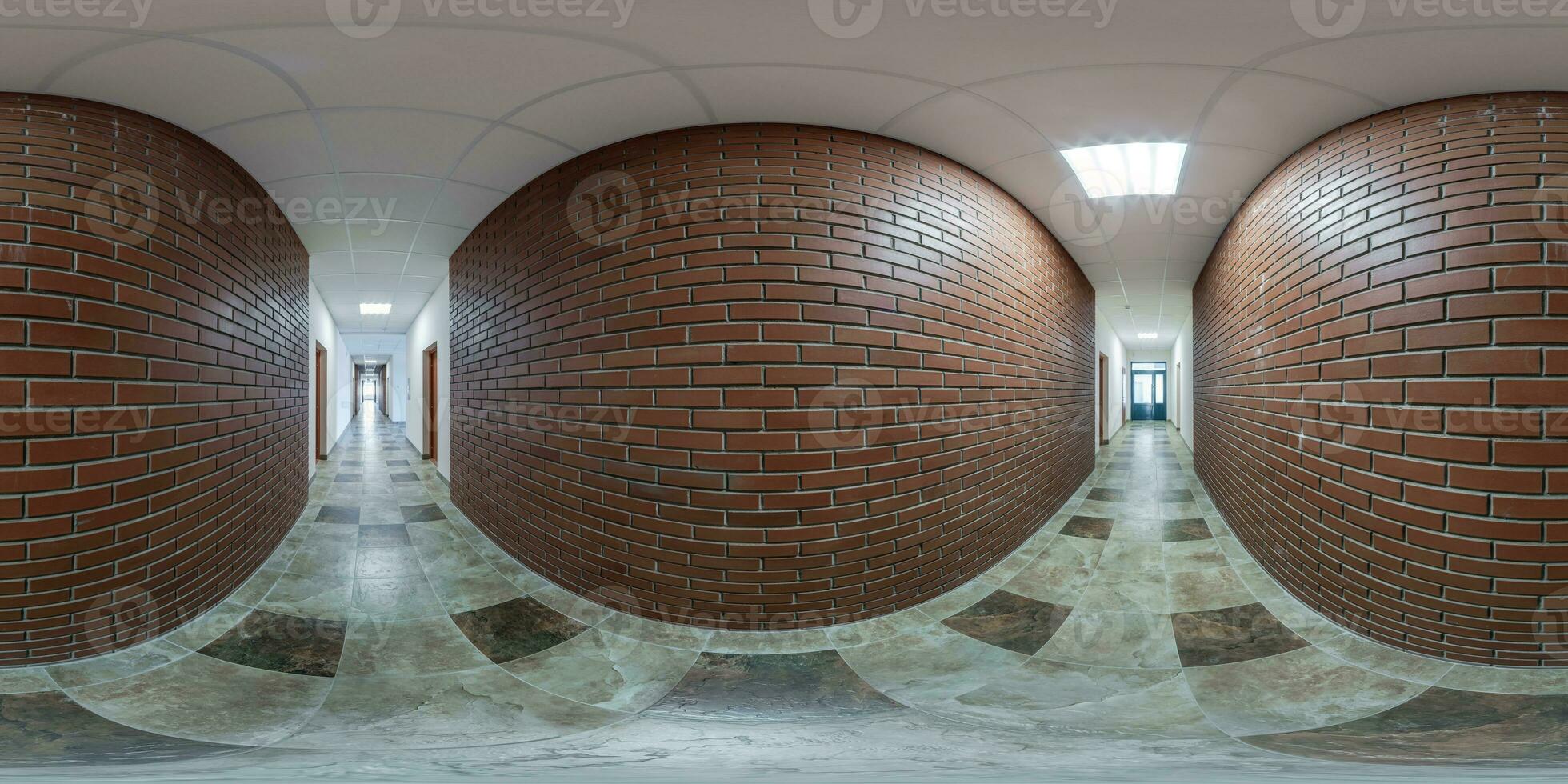 full seamless spherical hdri 360 panorama in interior of long narrow empty corridor room in modern apartments, office with many wooden doors and red brick walls in equirectangular projection photo