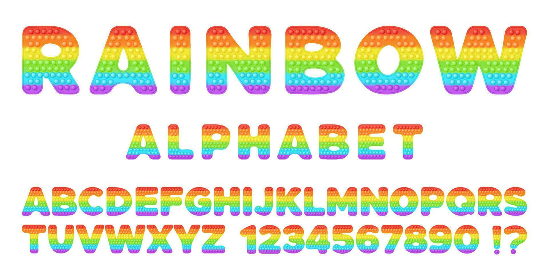 Popping toy font design - alphabet and numbers set in style of trendy silicon fidget toys in bright colors. Bubble sensory letters. Isolated cartoon vector illustration.