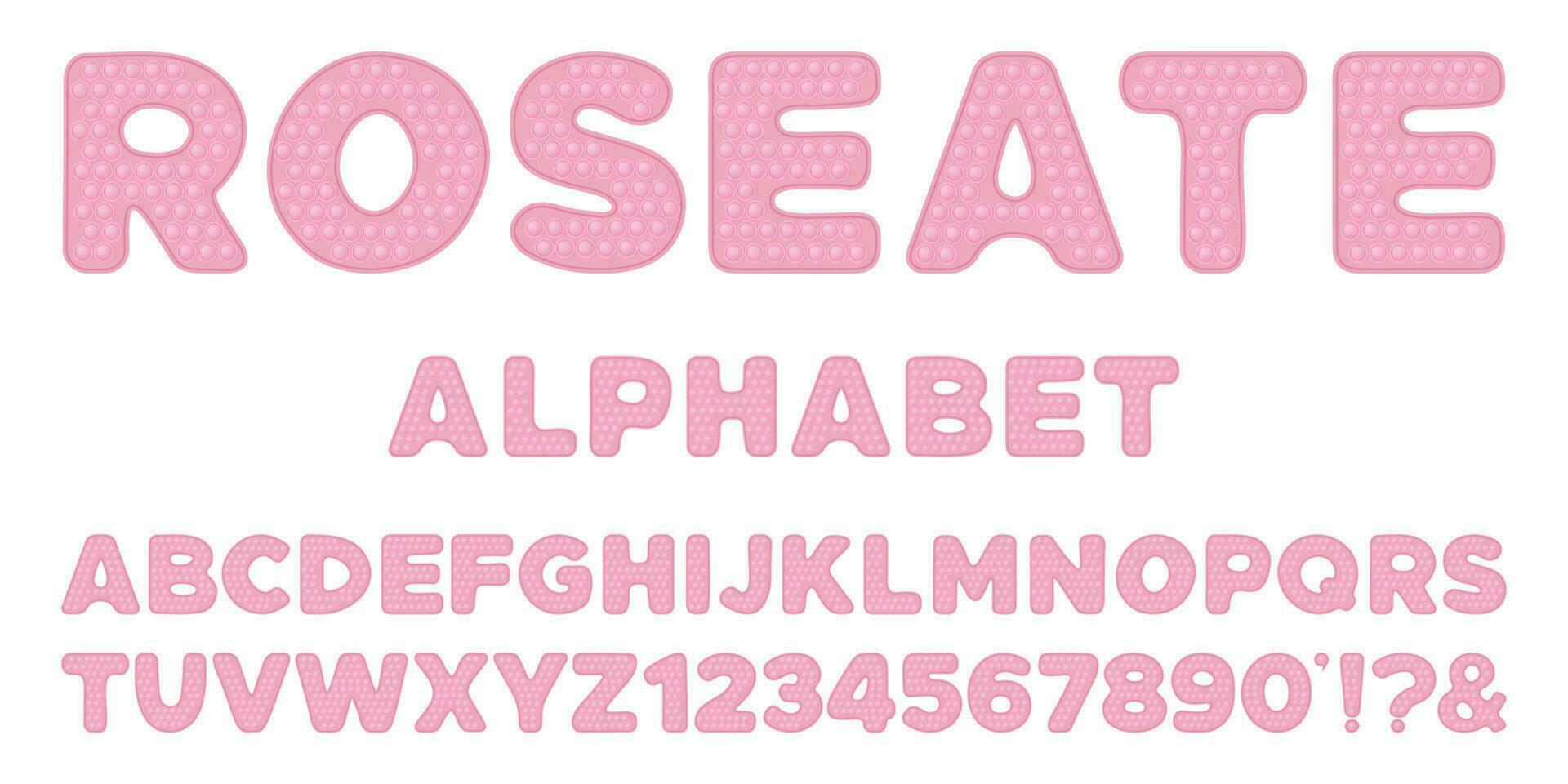 estallar juguete fuente diseño - rosado alfabeto y números conjunto en estilo de de moda silicio agitarse juguetes en pastel colores. burbuja sensorial letras. aislado dibujos animados vector ilustración.