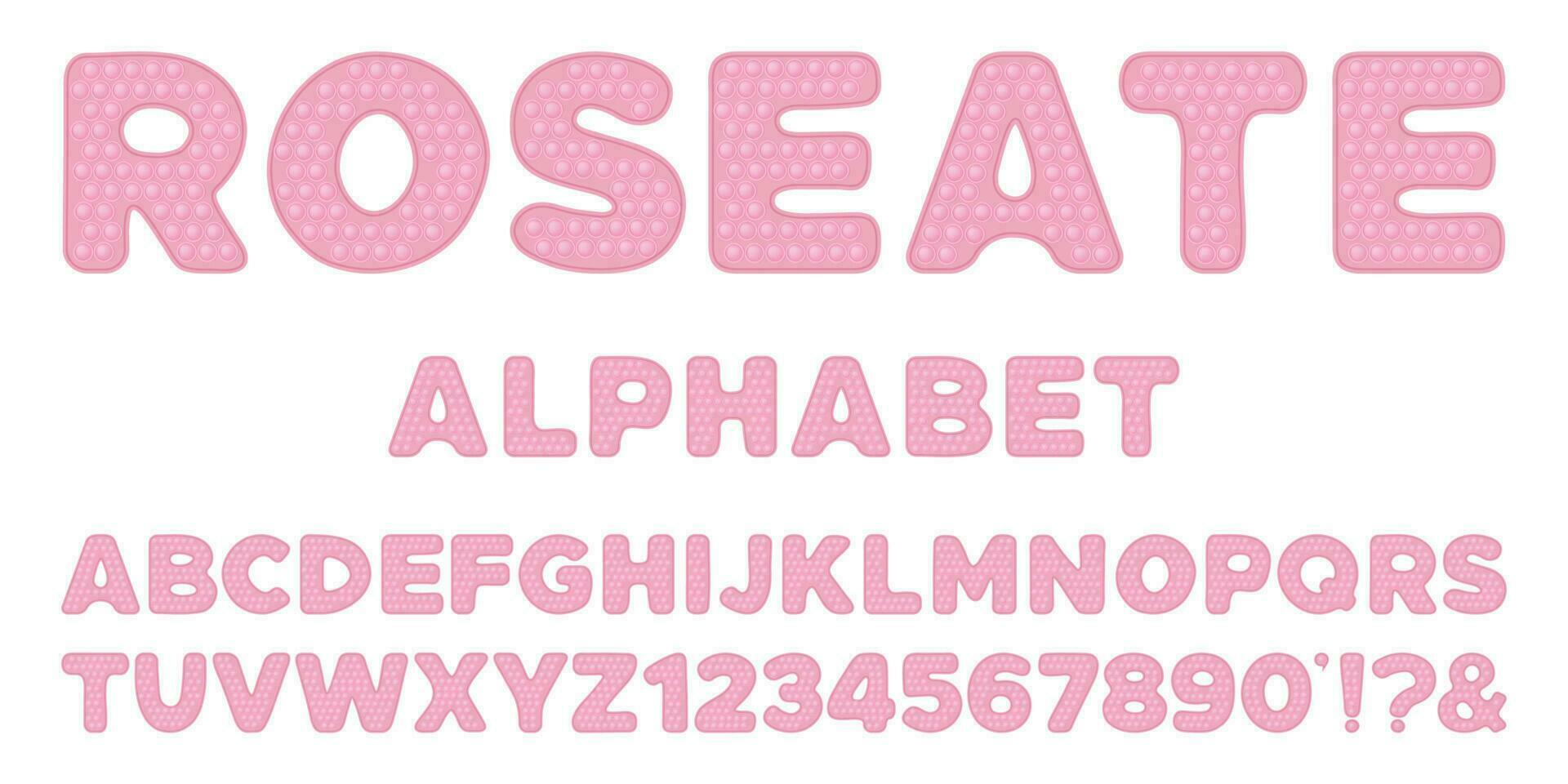 Popping toy font design - pink alphabet and numbers set in style of trendy silicon fidget toys in pastel colors. Bubble sensory letters. Isolated cartoon vector illustration.