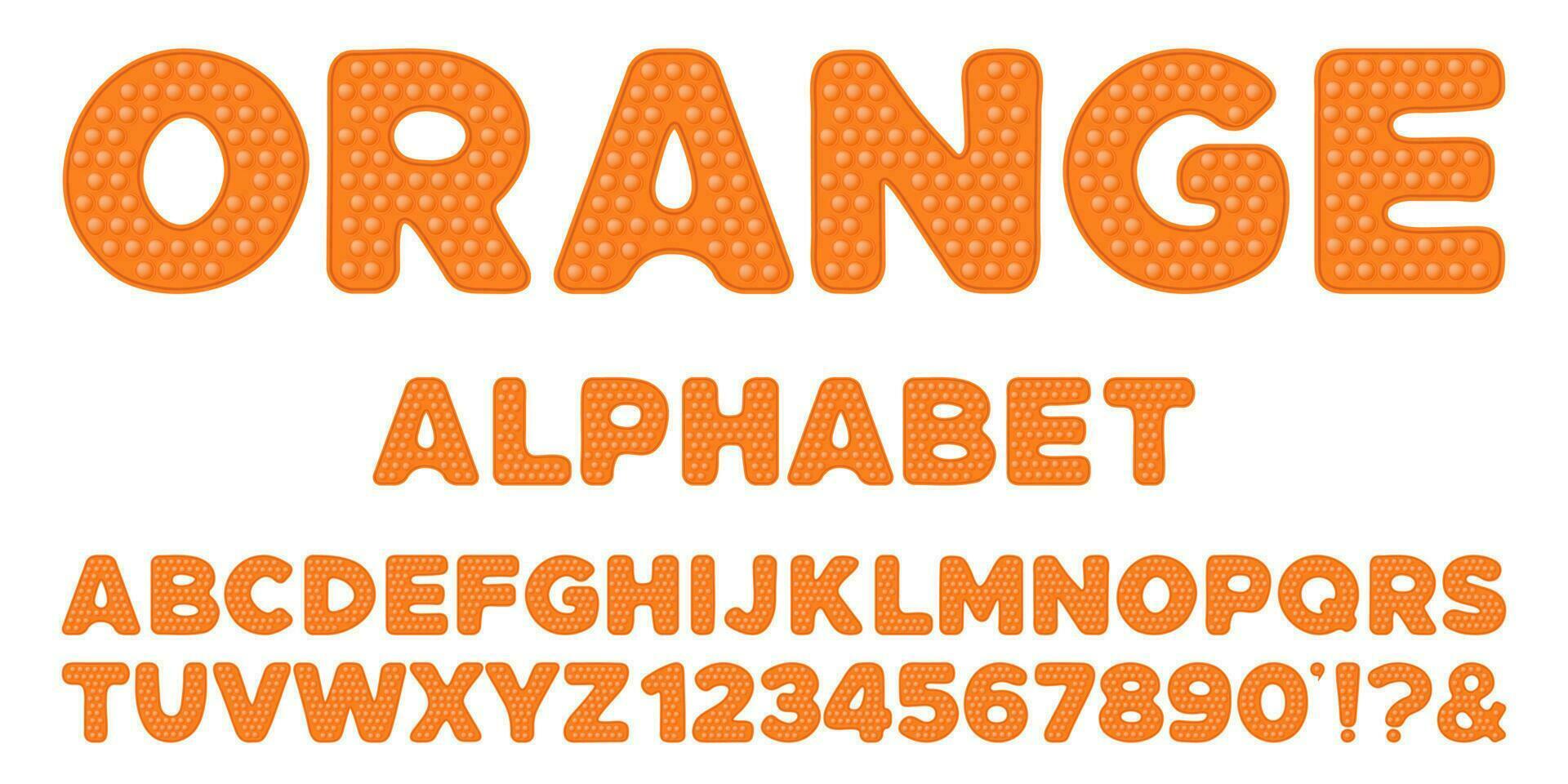 Popping toy font design - orange alphabet and numbers set in style of