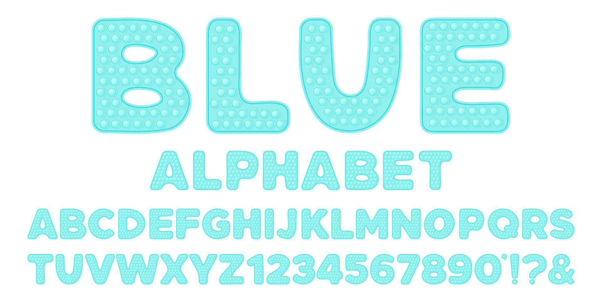 Popping toy font design - blue alphabet and numbers set in style of trendy silicon fidget toys in pastel colors. Bubble sensory letters. Isolated cartoon vector illustration.