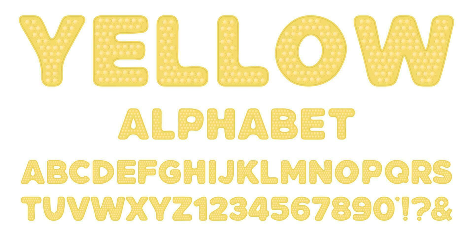 Popping toy font design - yellow alphabet and numbers set in style of trendy silicon fidget toys in pastel colors. Bubble sensory letters. Isolated cartoon vector illustration.