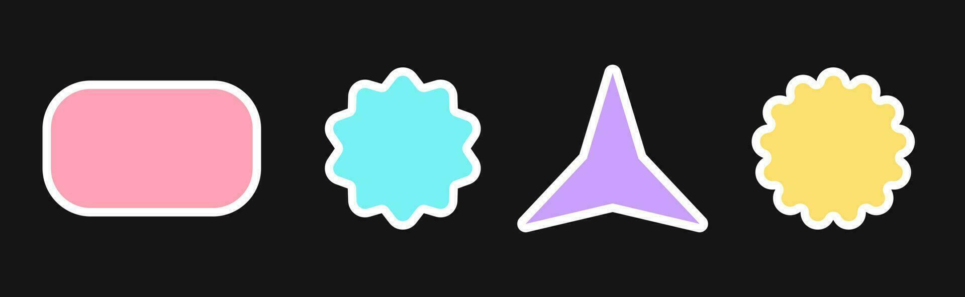 Set of 4 stickers and patches with copy space in retro pop style colorful pastel colors with a stroke. Simple isolated vector shapes for promo, packaging, social media posts, printing.