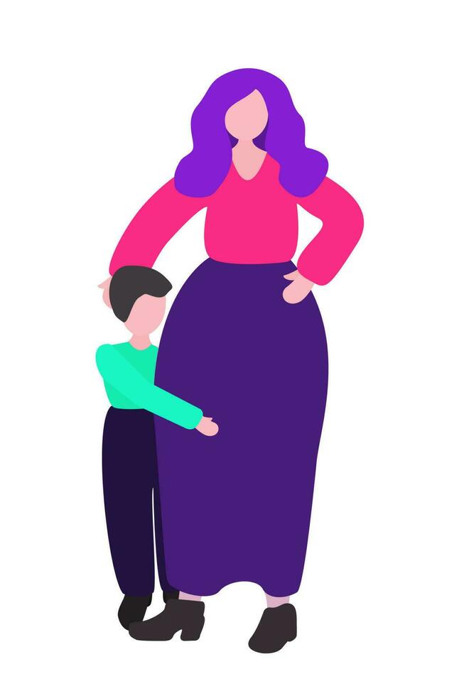 A woman protects a child. The boy is hiding from the bullying. Vector concept - stop violence, harassment and child abuse. Isolated illustration in a flat design.