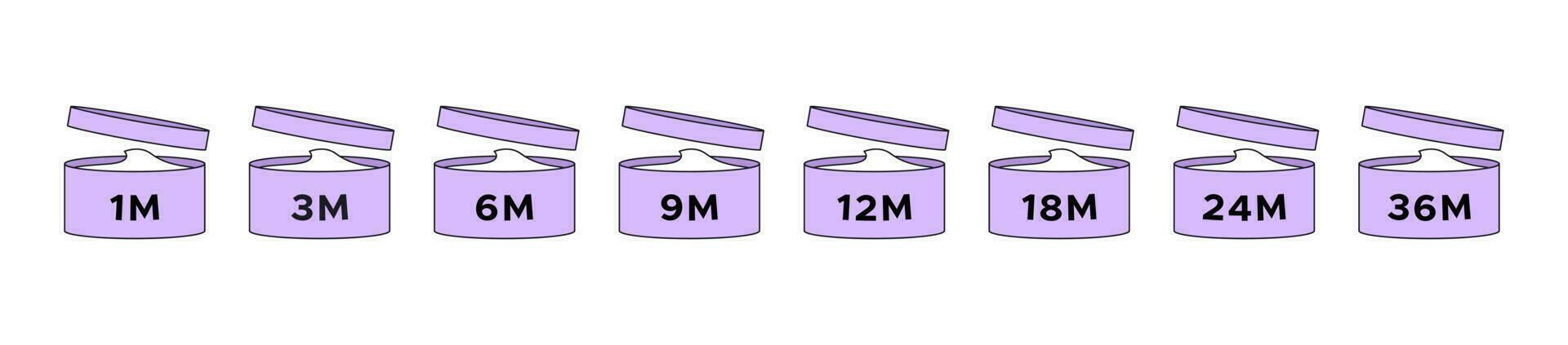 Period after opening cosmetic icon set in the cartoon style. PAO symbols - expiration of the use time for creams and cosmetics after opening the package. Purple cute vector illustration for beauty.