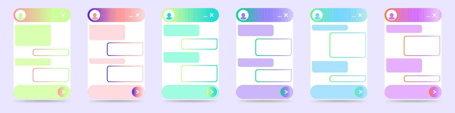 Set of chatbot window dialog interface for website and mobile application. Online live chat app and virtual assistant with gradients of bright colors. Vector design isolated on a white background.