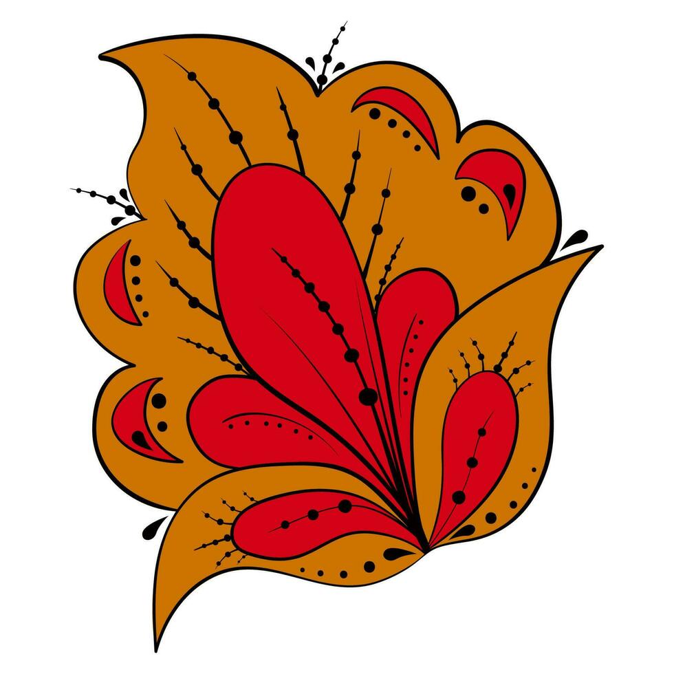 Ethnical floral pattern in the traditional style - yellow and red flower with curls and leaves. Separate element for the design. Vector illustration in handdrawn style isolated on a white background.