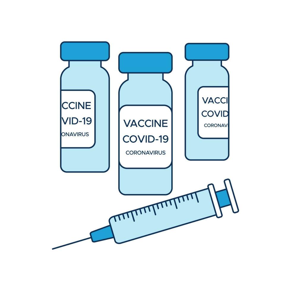 Concept COVID-19 vaccination, three bottles of vaccine and a syringe, a medical poster in shades of blue. Vector illustration in the style of a flat icon isolated on a white background.