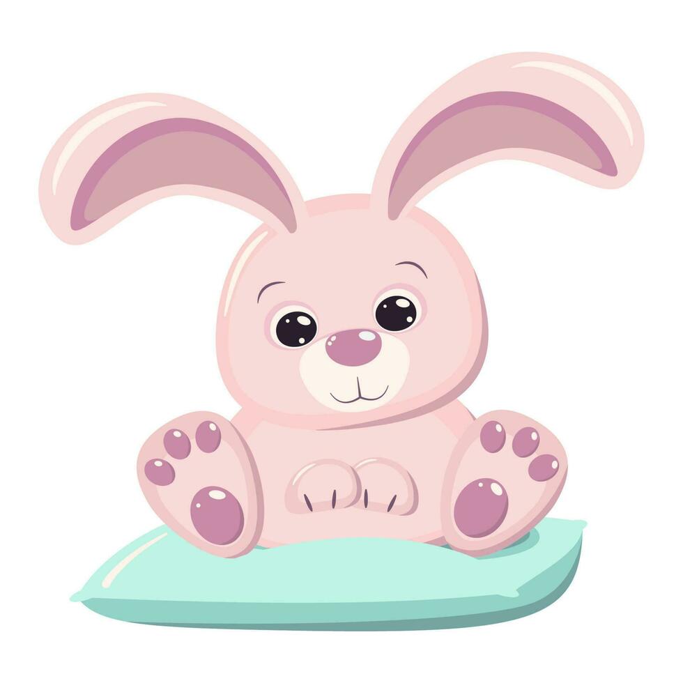 Happy Easter cute pink bunny rabbit on the blue pillow. A greeting card or banner of bright colors. Vector illustration in flat cartoon style isolated on a white background.