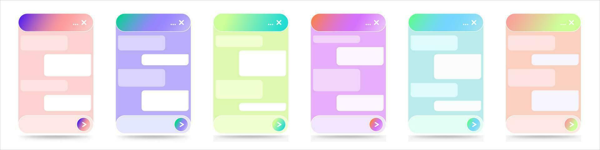 un conjunto de chatbot diálogo ventana interfaces para sitios web y móvil aplicaciones en línea En Vivo charla aplicación y virtual asistente con gradientes de brillante colores. vector diseño aislado en un blanco