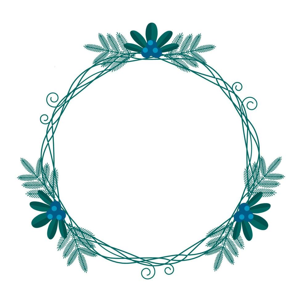 Merry Christmas floral round frame with winter plants frame - wreath in flat style. Illustrations with botanical symbols of holiday - pine, leaves, cone, berry in red, green colors. vector