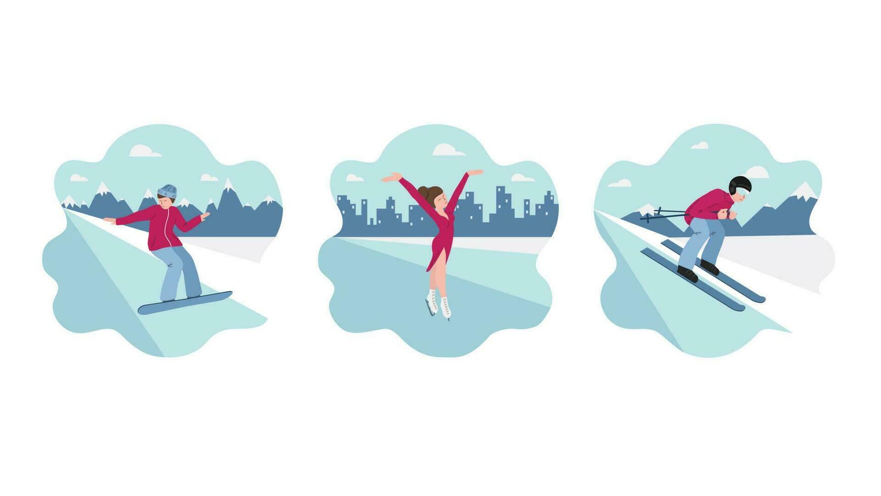 Set banners of winter sports - skiing, figure skating, snowboarding. People on the background of silhouettes of mountains and cities. Vector illustrations in flat style - pink, blue, white colors.
