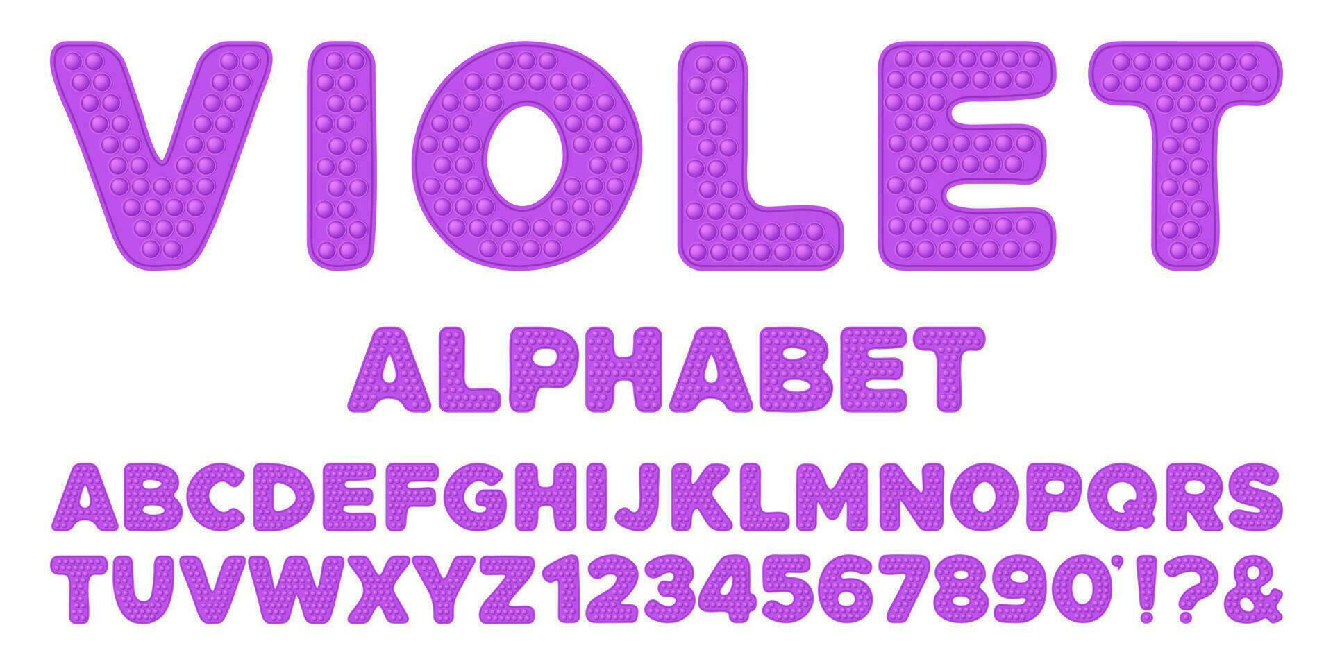 Popping toy font design - violet alphabet and numbers set in style of trendy silicon fidget toys in bright colors. Bubble sensory letters. Isolated cartoon vector illustration.