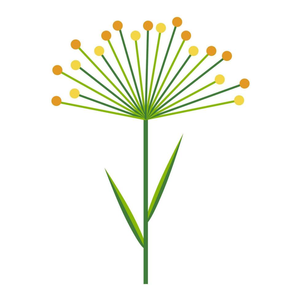 Umbrella of dill or cereal plant. Simple minimalistic bright green branch with leaves and yellow flowers. Nature collection of colorful plants for seasonal decoration . Stylized vector icon of botany.
