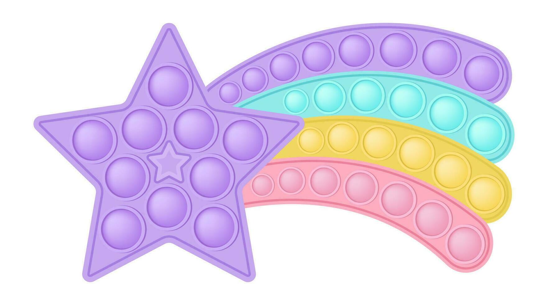 Popping toy purple star with a rainbow tail as a silicon toy for fidgets. Addictive anti-stress toy in pastel pink color. Bubble sensory developing toy for kids fingers. Vector illustration isolated