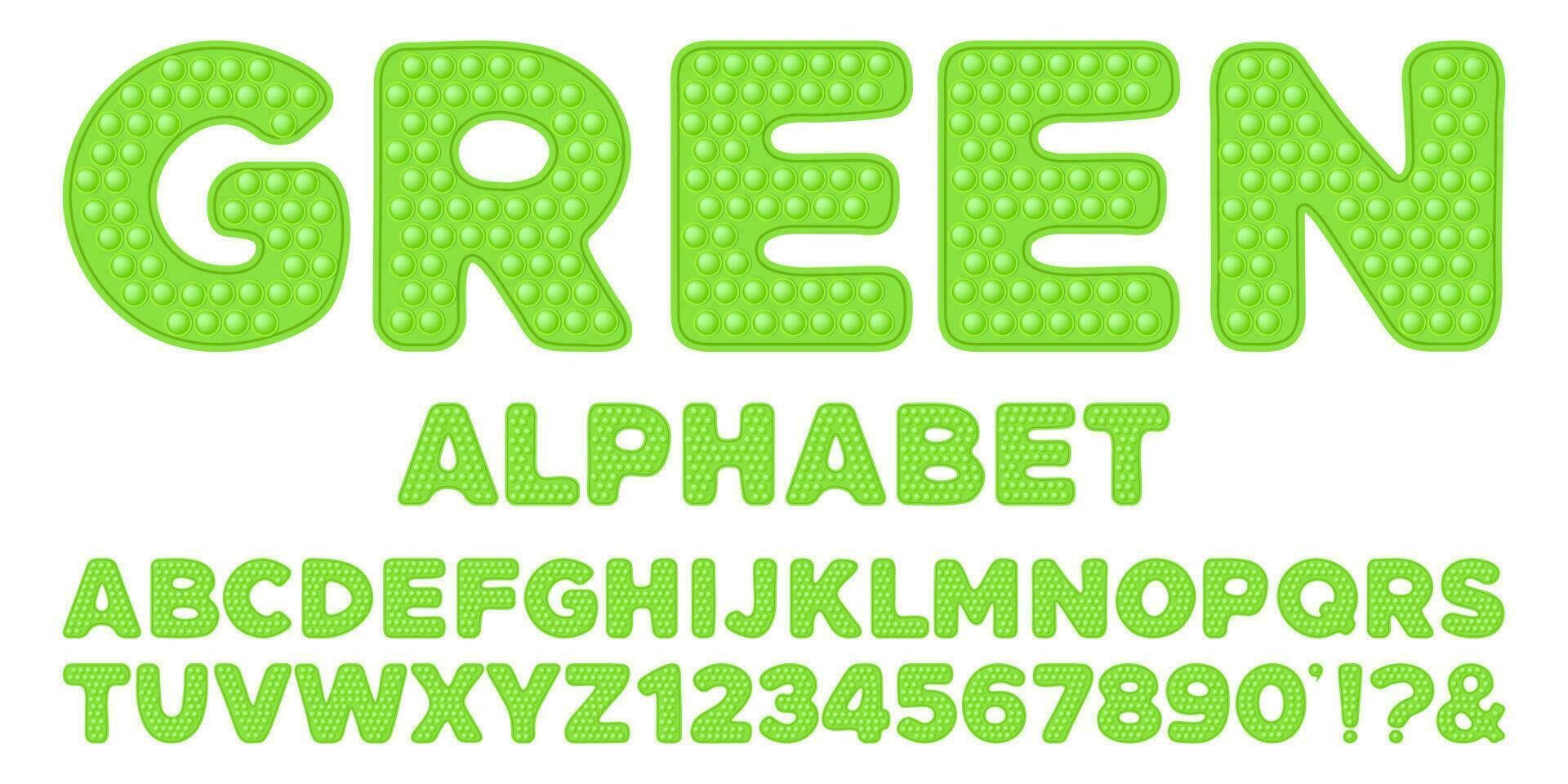 Popping toy font design - green alphabet and numbers set in style of trendy silicon fidget toys in bright colors. Bubble sensory letters. Isolated cartoon vector illustration.