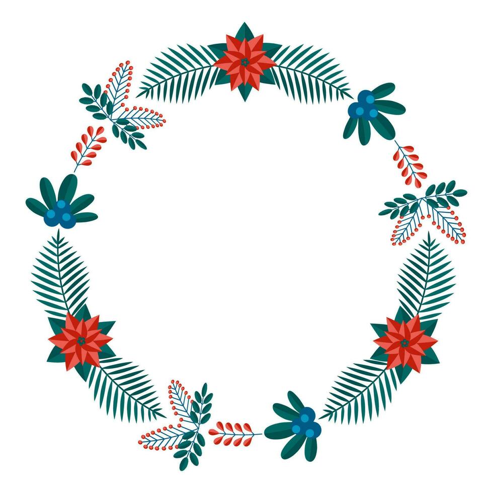 alegre Navidad floral redondo marco con invierno plantas marco - guirnalda en plano estilo. ilustraciones con botánico símbolos de fiesta - pino, hojas, cono, baya en rojo, verde colores. vector