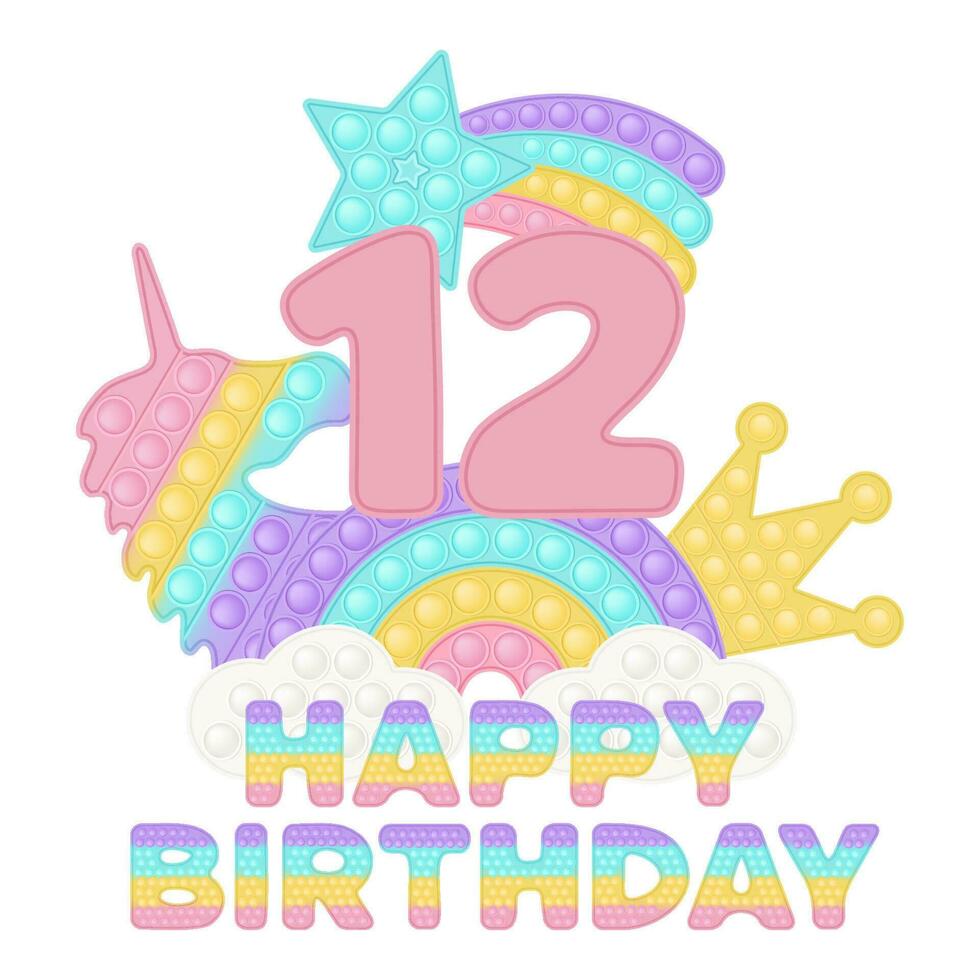 contento 12mo cumpleaños estallar juguete sombrero de copa o sublimación impresión para camiseta en estilo un silicona juguete para agitación nerviosa. rosado número, unicornio, corona y arco iris juguetes en pastel colores. vector